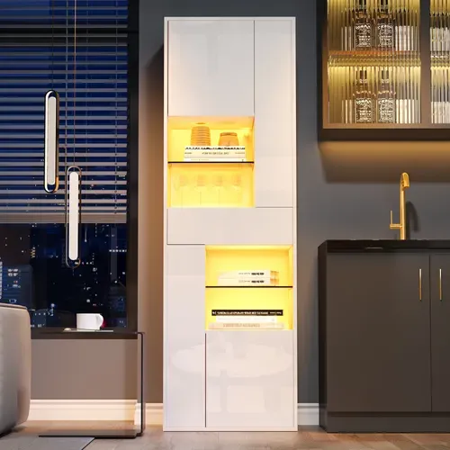 Vitrine - Meuble De Rangement Salon Moderne - 1 Tiroir - 4 Portes - LED Intégré - Blanc