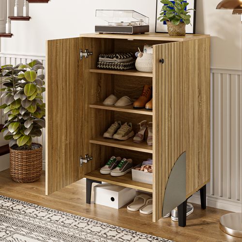 Meuble à Chaussures Fermé Avec Portes, Rangement Compartimenté, Cadre Métallique Noir, Naturel