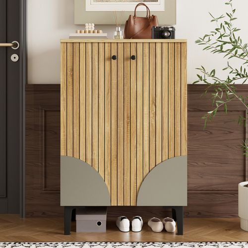Meuble à Chaussures Fermé Avec Portes, Rangement Compartimenté, Cadre Métallique Noir, Naturel