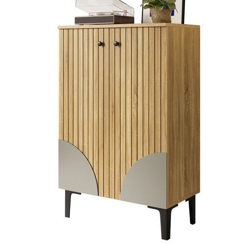 Meuble à Chaussures Fermé Avec Portes, Rangement Compartimenté, Cadre Métallique Noir, Naturel