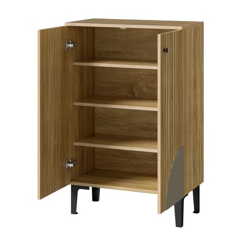 Meuble à Chaussures Fermé Avec Portes, Rangement Compartimenté, Cadre Métallique Noir, Naturel
