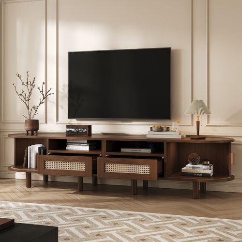 Meuble TV Ovale Design Avec Rangement Et Tiroirs, Pour Écran 70 Pouces,Moderne, Noyer