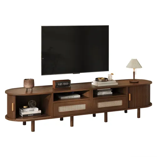 Meuble TV Ovale Design Avec Rangement Et Tiroirs, Pour Écran 70 Pouces,Moderne, Noyer