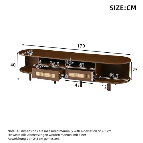 Meuble TV Ovale Design Avec Rangement Et Tiroirs, Pour Écran 70 Pouces,Moderne, Noyer