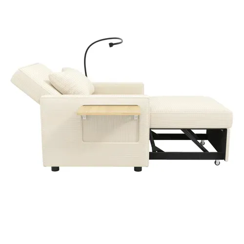 Canapé-lit Fauteuil Convertible 1 Place Avec USB Et Rangement Téléphone – Velours Côtelé, Beige