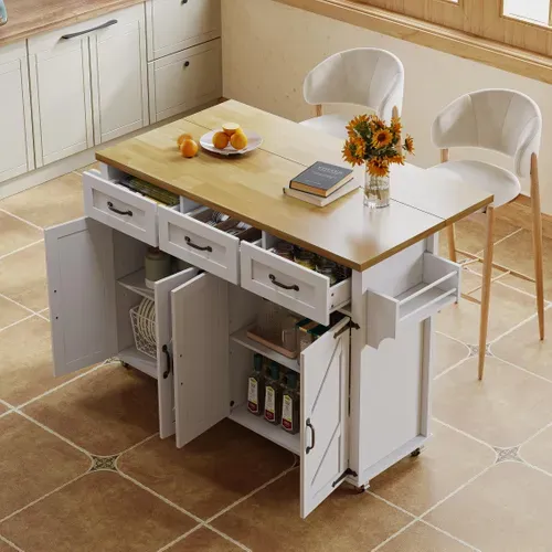Îlot Cuisine - Chariot Plan Rabattable - 3 Tiroirs - Roulettes Verrouillables - Blanc/nature
