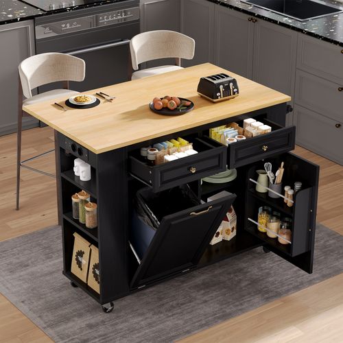 Îlot De Cuisine Multifonction - Meuble Mobile - Extensible - Porte-serviette - Prise - Noir/nature