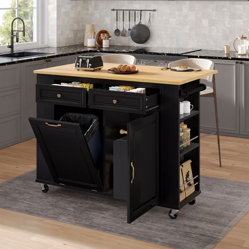 Îlot De Cuisine Multifonction - Meuble Mobile - Extensible - Porte-serviette - Prise - Noir/nature