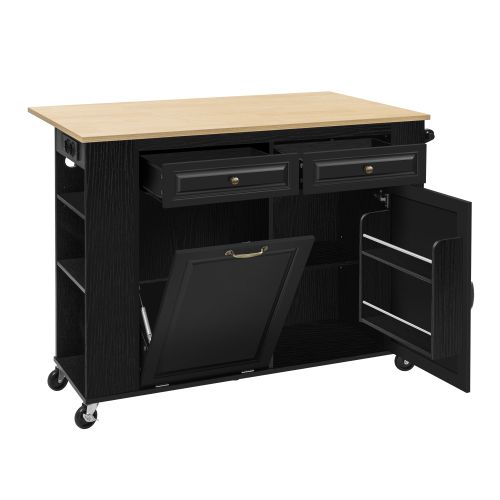 Îlot De Cuisine Multifonction - Meuble Mobile - Extensible - Porte-serviette - Prise - Noir/nature
