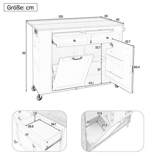 Îlot De Cuisine Multifonction - Meuble Mobile - Extensible - Porte-serviette - Prise - Noir/nature