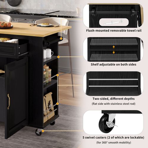 Îlot De Cuisine Multifonction - Meuble Mobile - Extensible - Porte-serviette - Prise - Noir/nature
