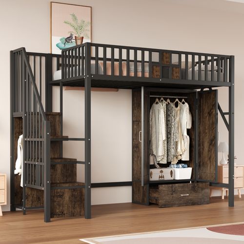Lit Mezzanine 90x200 Cm - Rangement Combiné - Tiroirs Et Échelle - Ado - Garde-corps - Métal - Noir