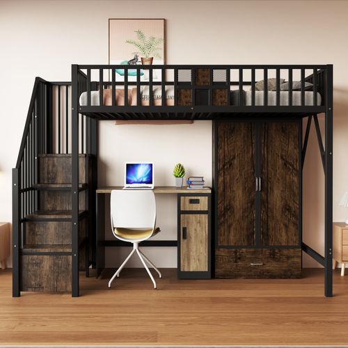 Lit Mezzanine 90x200 Cm - Rangement Combiné - Tiroirs Et Échelle - Ado - Garde-corps - Métal - Noir