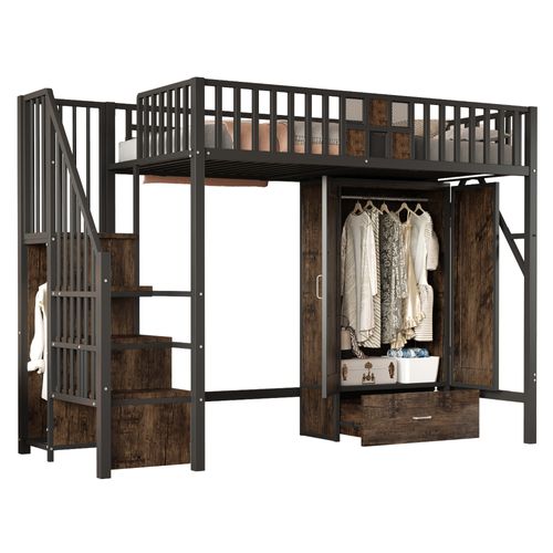 Lit Mezzanine 90x200 Cm - Rangement Combiné - Tiroirs Et Échelle - Ado - Garde-corps - Métal - Noir