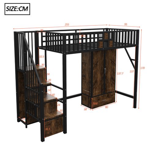 Lit Mezzanine 90x200 Cm - Rangement Combiné - Tiroirs Et Échelle - Ado - Garde-corps - Métal - Noir