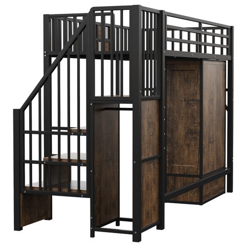 Lit Mezzanine 90x200 Cm - Rangement Combiné - Tiroirs Et Échelle - Ado - Garde-corps - Métal - Noir