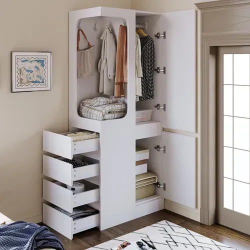 Armoire, Organisation en PlusieursZones, 4 Tiroirs Et Espace Ouvert, Blanc