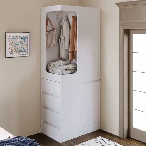 Armoire, Organisation en PlusieursZones, 4 Tiroirs Et Espace Ouvert, Blanc