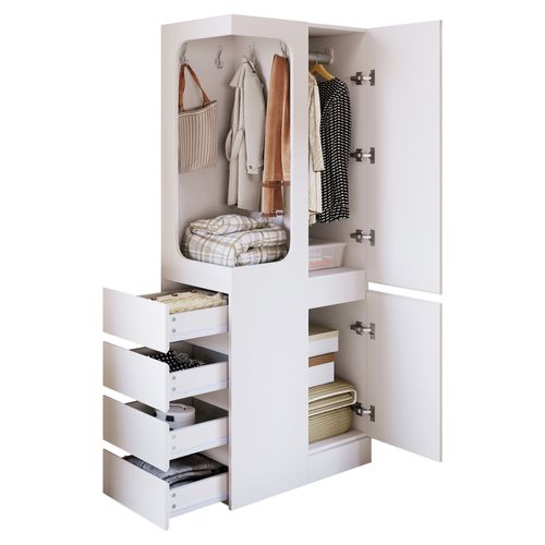 Armoire, Organisation en PlusieursZones, 4 Tiroirs Et Espace Ouvert, Blanc