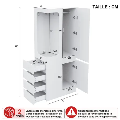 Armoire, Organisation en PlusieursZones, 4 Tiroirs Et Espace Ouvert, Blanc