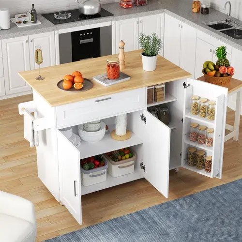 Îlot De Cuisine Mobile Avec Plan Pliable, Étagère à Épices Et Porte-serviettes, Mdf, Blanc