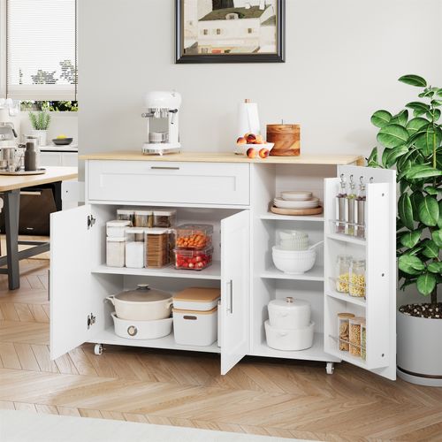 Îlot De Cuisine Mobile Avec Plan Pliable, Étagère à Épices Et Porte-serviettes, Mdf, Blanc