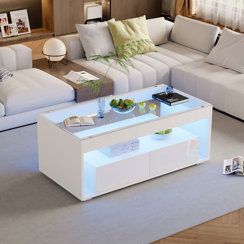 Table Basse Moderne - Meubles De Salon Avec LED Et Rangements - Mdf Et Verre Trempé - Blanc