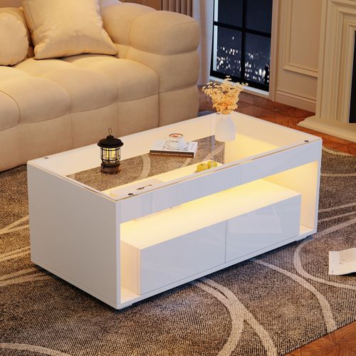 Table Basse Moderne - Meubles De Salon Avec LED Et Rangements - Mdf Et Verre Trempé - Blanc