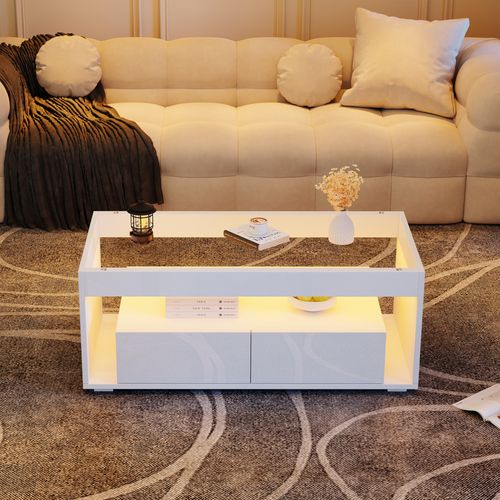 Table Basse Moderne - Meubles De Salon Avec LED Et Rangements - Mdf Et Verre Trempé - Blanc