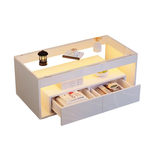 Table Basse Moderne - Meubles De Salon Avec LED Et Rangements - Mdf Et Verre Trempé - Blanc