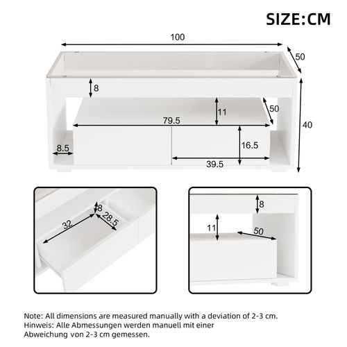 Table Basse Moderne - Meubles De Salon Avec LED Et Rangements - Mdf Et Verre Trempé - Blanc