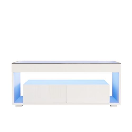 Table Basse Moderne - Meubles De Salon Avec LED Et Rangements - Mdf Et Verre Trempé - Blanc