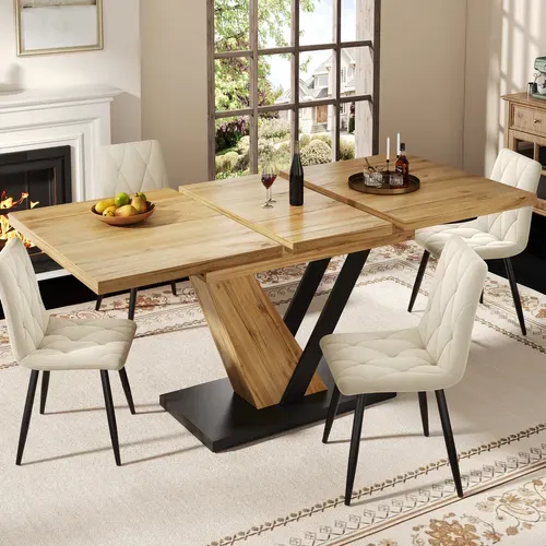 Table à Manger Extensible Rectangulaire 4 à 6personnes, Mdf, Pieds Métal Renforcés120-160cm