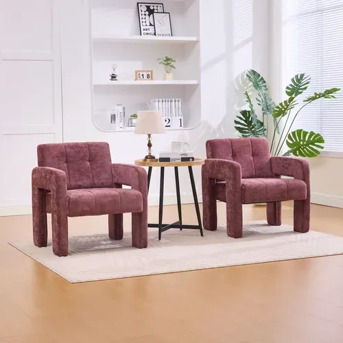 Fauteuil D’appoint - Accoudoirs - Assise Rembourrée -moderne Nordique - Chenille- Rouge Vineux