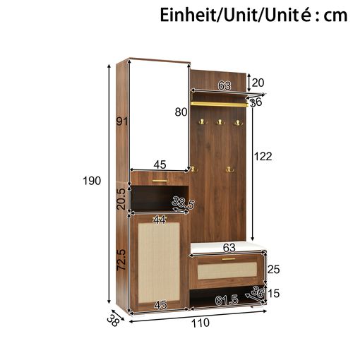 Vestiaire entrée 190cm avec miroir, banc, rangement chaussures et patères intégrées, narurel