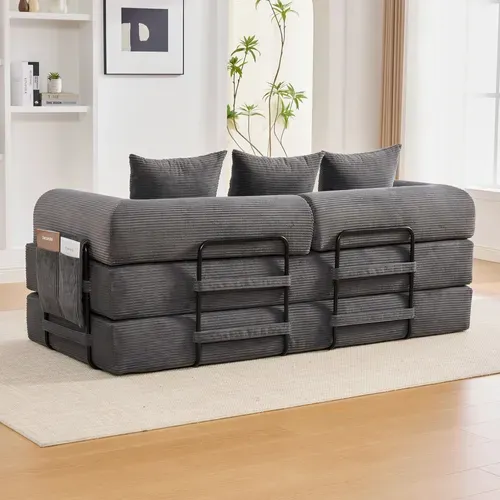 Canapé Compressé ,Canapé Convertible, avec Structure en Métal, Poches Latérales, 3 Coussins,Gris