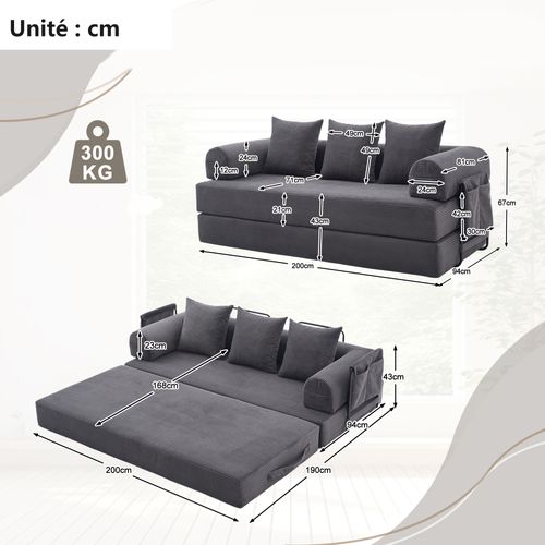 Canapé Compressé ,Canapé Convertible, avec Structure en Métal, Poches Latérales, 3 Coussins,Gris