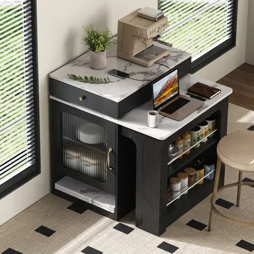 Îlot De Cuisine - Rangement Et Plateau Amovible - Extensible Et Mobile - Mdf Pb - Noir