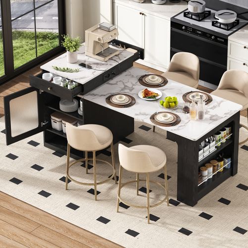 Îlot De Cuisine - Rangement Et Plateau Amovible - Extensible Et Mobile - Mdf Pb - Noir