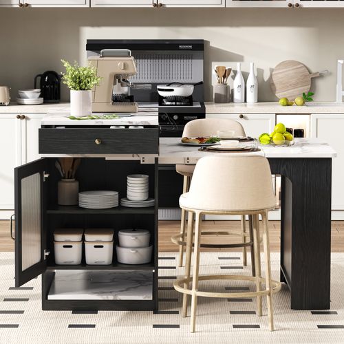 Îlot De Cuisine - Rangement Et Plateau Amovible - Extensible Et Mobile - Mdf Pb - Noir