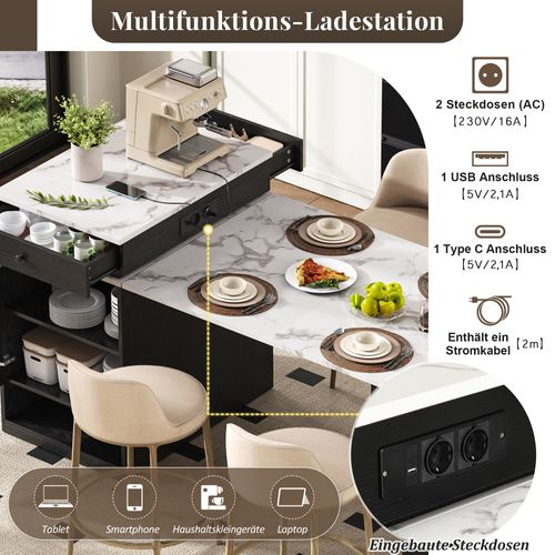 Îlot De Cuisine - Rangement Et Plateau Amovible - Extensible Et Mobile - Mdf Pb - Noir