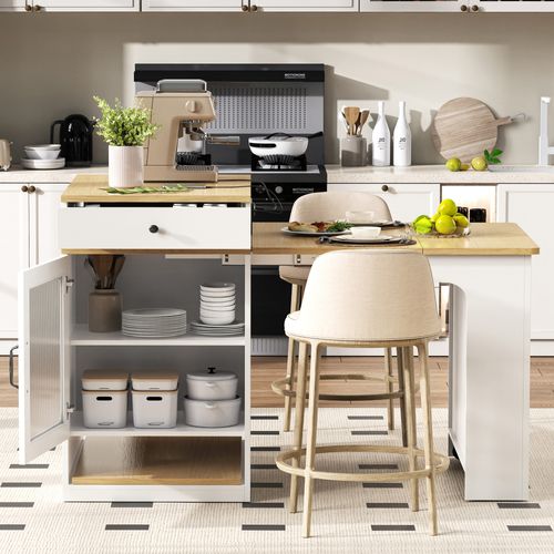 Îlot De Cuisine - Rangement Et Plateau Amovible - Extensible Et Mobile - Mdf Pb - Blanc