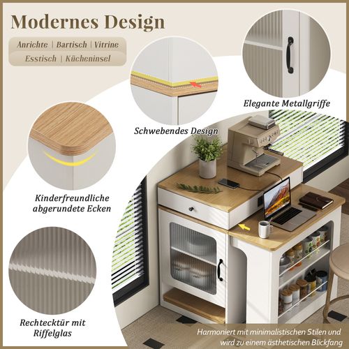 Îlot De Cuisine - Rangement Et Plateau Amovible - Extensible Et Mobile - Mdf Pb - Blanc