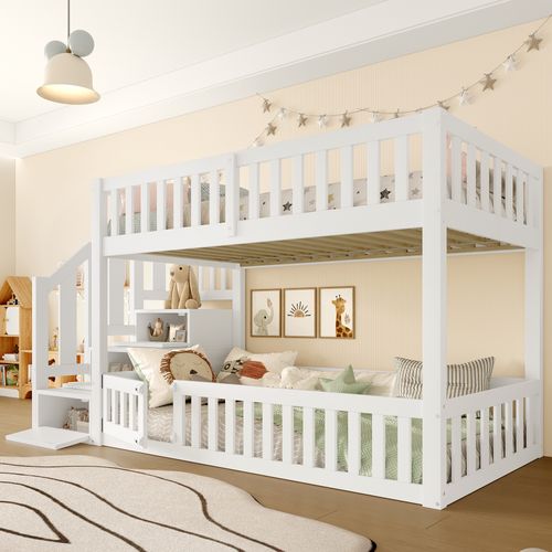 Lit Superposé Enfant 90x200 Cm, échelle, Rangement, Deux Lits Séparés,pratique Et Moderne, Blanc