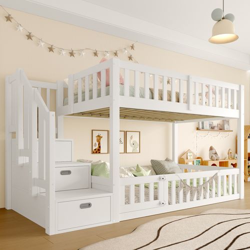 Lit Superposé Enfant 90x200 Cm, échelle, Rangement, Deux Lits Séparés,pratique Et Moderne, Blanc
