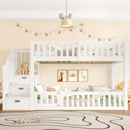 Lit Superposé Enfant 90x200 Cm, échelle, Rangement, Deux Lits Séparés,pratique Et Moderne, Blanc
