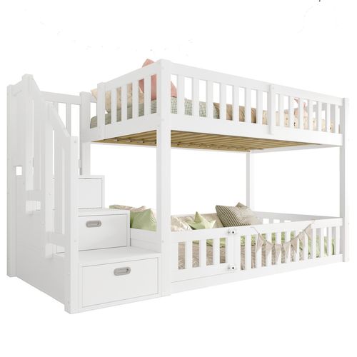 Lit Superposé Enfant 90x200 Cm, échelle, Rangement, Deux Lits Séparés,pratique Et Moderne, Blanc
