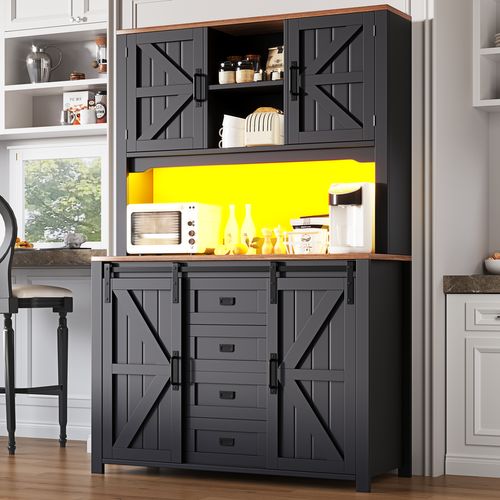 Buffet Haut - Vitrine - Portes Coulissantes - LED - Grande Capacité - Armoire Rangement - Mdf - Noir