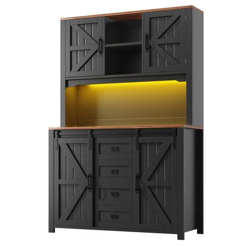 Buffet Haut - Vitrine - Portes Coulissantes - LED - Grande Capacité - Armoire Rangement - Mdf - Noir