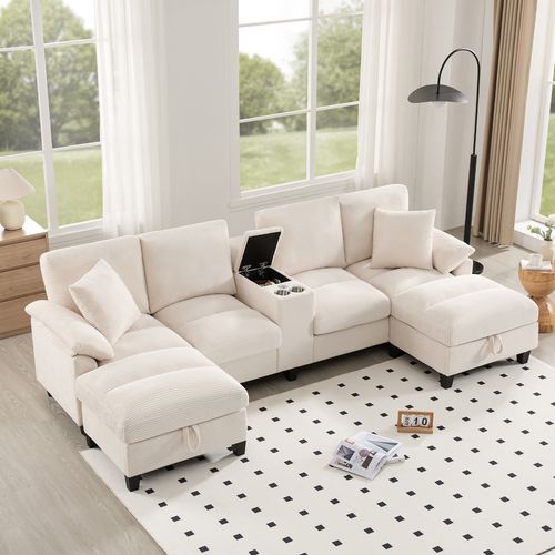 Canapé Compressé - Canapé angle fixe - 4 places - USB - Porte-gobelets - Coussins - Beige